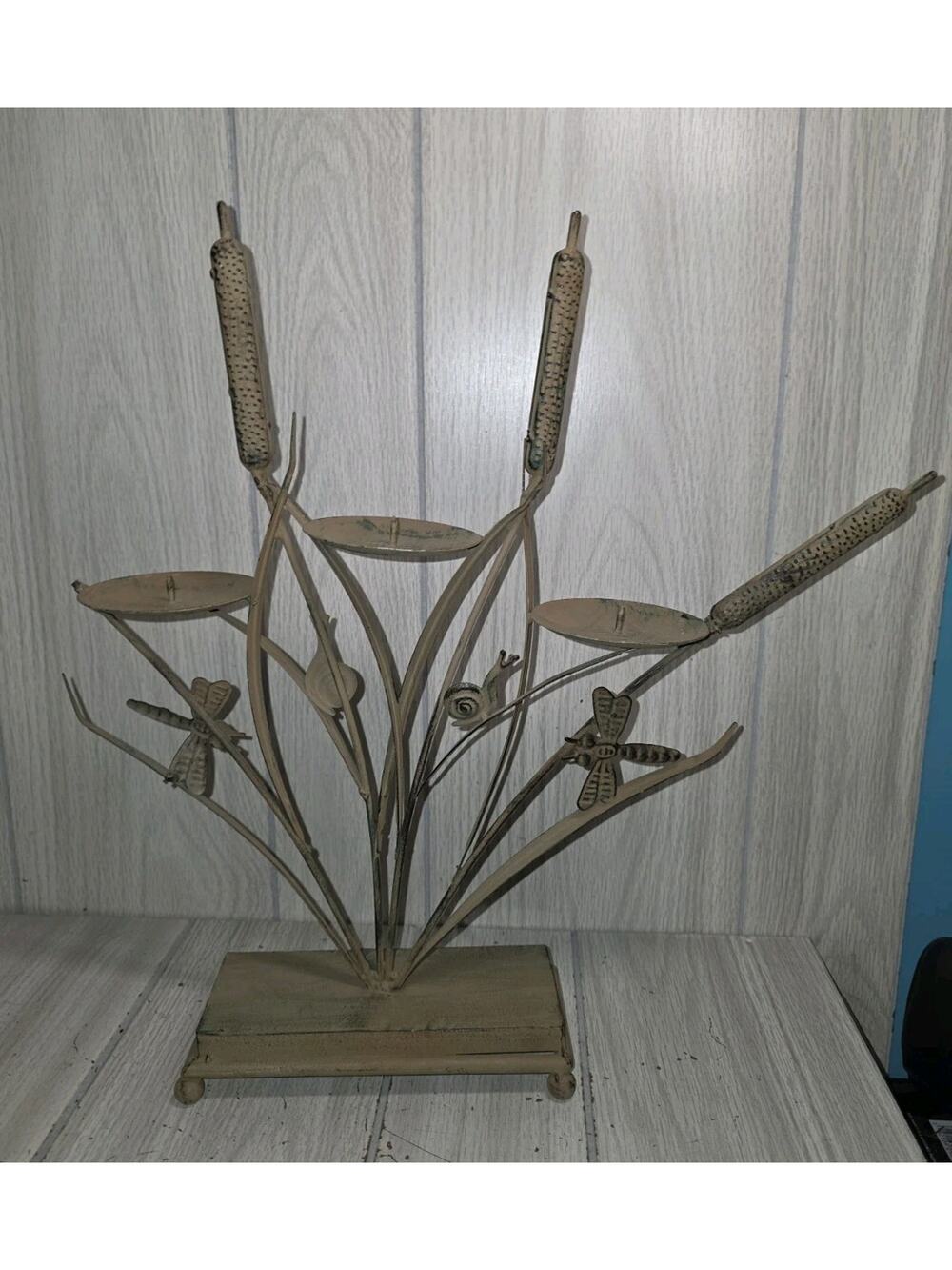 Vintage 3 Tiered Candle Holder Tole Ware Snail Dragonfly Cat Tails Reeds Metal